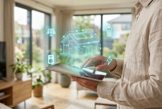 Smart home control with renewable energy and solar panel system managed on tablet inside modern house