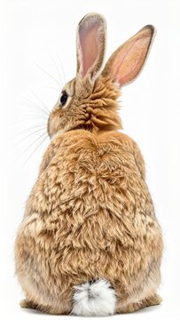 Back View of a Brown Rabbit with a White Tail on White Background
