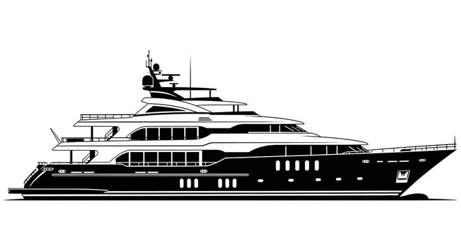Stylized black and white illustration of a large modern luxury yacht at sea