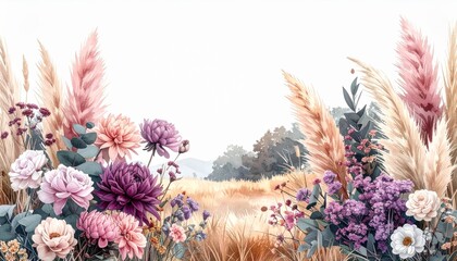 Obraz premium Floral Arrangement with Pink Purple and Beige Colors in a Meadow Landscape