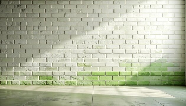 Distressed White Brick Wall with Green Algae and Concrete Floor Background