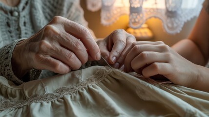 Close-up of an elderly person teaching a young person how to sew lace on fabric