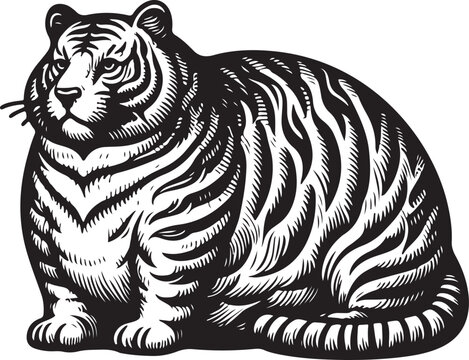 Fat chubby tiger with bold stripes and a playful demeanor, blending humor and artistic detail sketch engraving generative ai raster illustration. Scratch board imitation. Black and white image