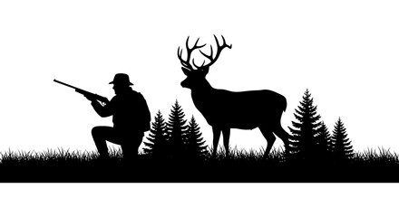 Silhouette of a hunter aiming at a majestic buck in a forest landscape © Meem