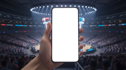 Hand holding phone with blank screen at basketball game, fan perspective