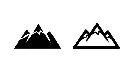 Set of two mountain icons, solid black and outline style, for adventure and nature themes © MdDelowar