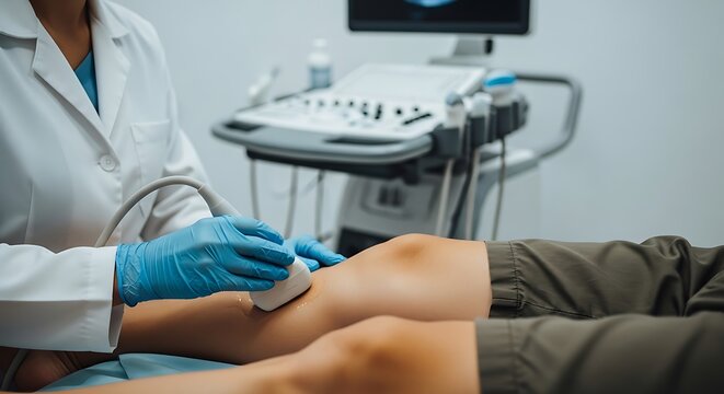 A medical professional performing an ultrasound examination on a patient's leg in a clinical setting.
