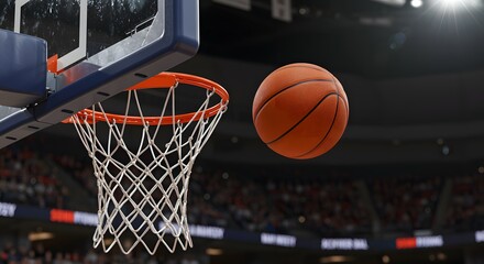 Fototapeta premium Closeup of a basketball soaring towards a net in a dimly lit stadium with blurred spectators in the background