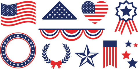 Celebratory patriotic elements with waving flag folded flag heart laurel wreath in navy blue poppy red white for vibrant Memorial Day branding design © Madhuka Disanayaka