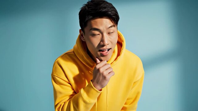 A cheerful young man in a bright yellow hoodie engaging with the viewer, suitable for casual and positive marketing material.