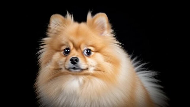 Adorable Pomeranian Dog Portrait, Fluffy Orange Fur, Black Background Studio Shot
