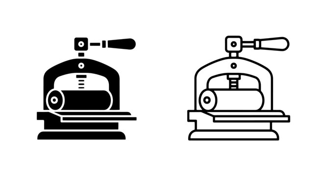 Icon of a manual printing press or engraving machine, in black and white versions.