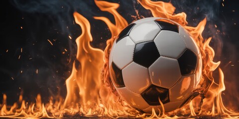 Fototapeta premium Burning Soccer Ball: A dramatic image of a soccer ball engulfed in flames, symbolizing intensity and passion, with the fiery spectacle against a contrasting dark backdrop.