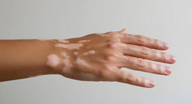 Closeup view of a human hand with vitiligo skin condition showing depigmented patches against a neutral background