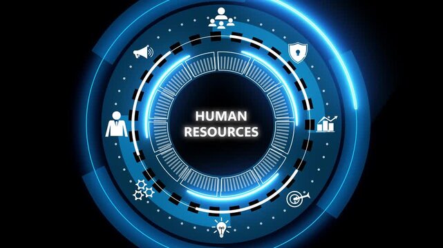 Blue futuristic circular hud interface with central text human resources and surrounding icons for recruitment, security, analytics, teamwork, and automation on dark background.