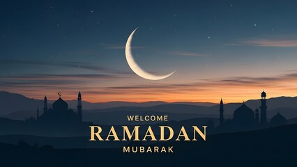 Naklejka premium Ramadan mubarak crescent moon silhouette landscape