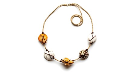 Fototapeta premium A handcrafted necklace featuring seashells and natural rope against a stark white backdrop