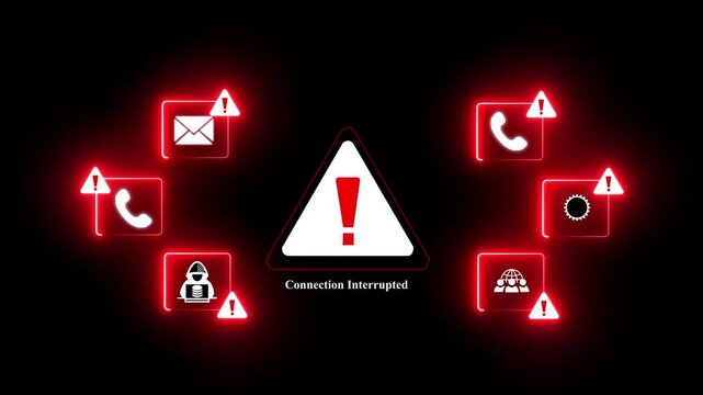 Connection Interrupted Alert Warning Message Attack on Screen. Wire Frame World map Radar Network Glitch Distortion. Login, Password and Progress Bar Futuristic UI Elements. Dives hacking concept