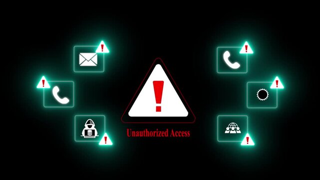 Unauthorized Access Alert Warning Message Attack on World map. Wire frame Radar Network Seamless loop Motion Background. UI Elements HUD Sci Fi interface. Dives hacking concept.