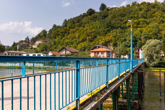 Blue pedestrian bridge in KULEN VAKUF, Bosnia and Herzegovina.