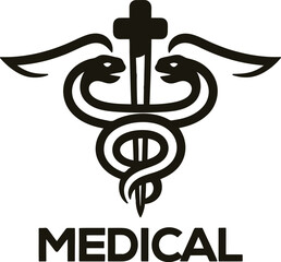 Medical symbol with snakes and cross on white background