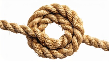 Fototapeta premium Decorative Overhand Knot Made of Thick Brown Rope on White Background