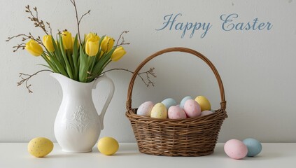 Easter still life with yellow tulips in white vase and pastel eggs in basket Happy Easter