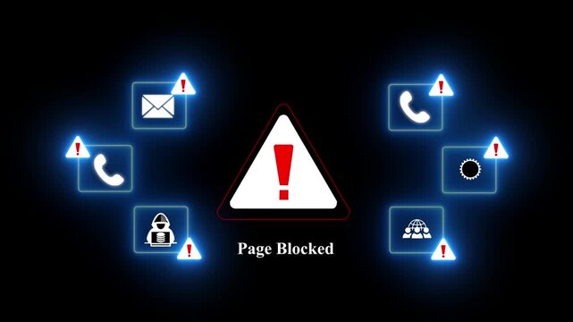 Page Blocked Alert Warning Message Attack on Screen. Wire Frame World map Radar Network Glitch Distortion. Login, Password and Progress Bar Futuristic UI Elements HUD.