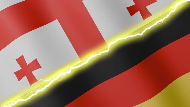 Two waving flags Georgia and Germany with diagonal lightning seamless, 4k loop