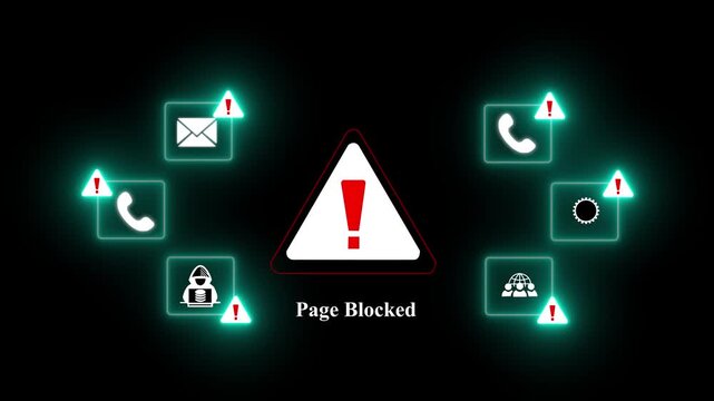 Page Blocked Alert Warning Message Attack on Screen. Wire Frame World map Radar Network Glitch Distortion. Login, Password and Progress Bar Futuristic UI Elements HUD.