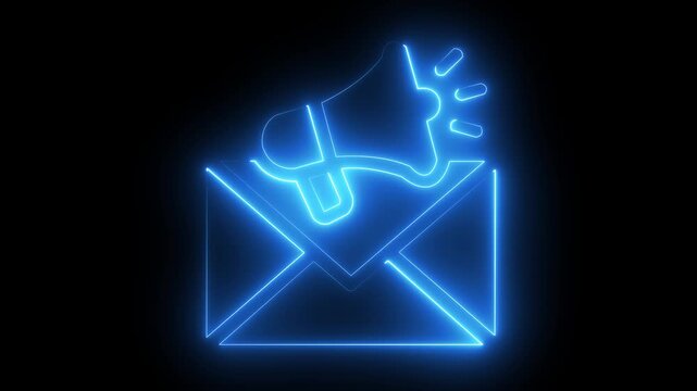 Neon outline of a megaphone emerging from an open envelope against a black backdrop representing urgent communication or important email notifications