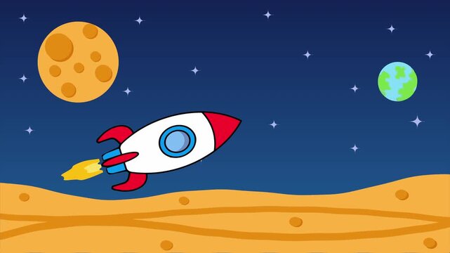 Seamless loop flying rocket animation back to earth with blue sky and star background. Transportation vector Looping animation. easy to use