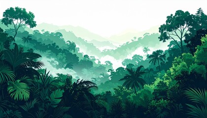 Fototapeta premium Lush Green Jungle Landscape with Rolling Hills and Mist Pixel Art Style