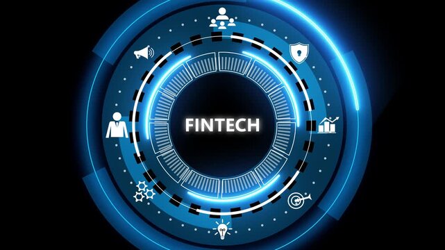 Futuristic blue circular hud interface with the word fintech at center, surrounded by icons for security, analytics, users, settings, cloud and payments on dark background.