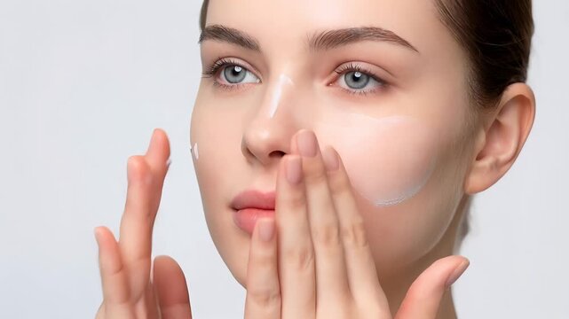 Beautiful young woman applying moisturizing face cream on cheek. Skincare routine and beauty treatment for healthy skin. Close-up shot with subtle camera panning.