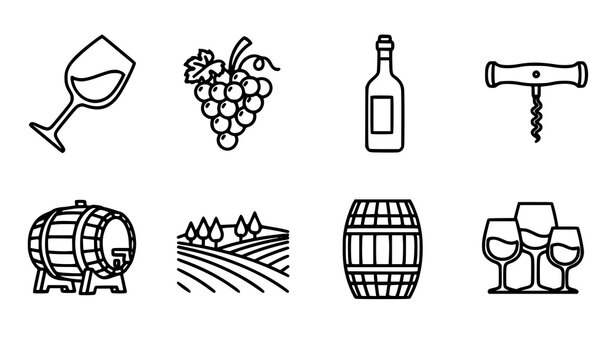Professional Editable Stroke Wine Icons Pack with Bottle, Glass, Grapes, Corkscrew, Barrel, and Vineyard