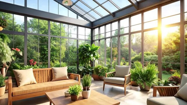 A bright and airy sunroom filled with lush greenery and comfortable furniture, bathed in sunlight.