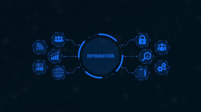 Digital infographic illustrating integration concepts with interconnected and central text on a dark blue background Keywords: integration, system