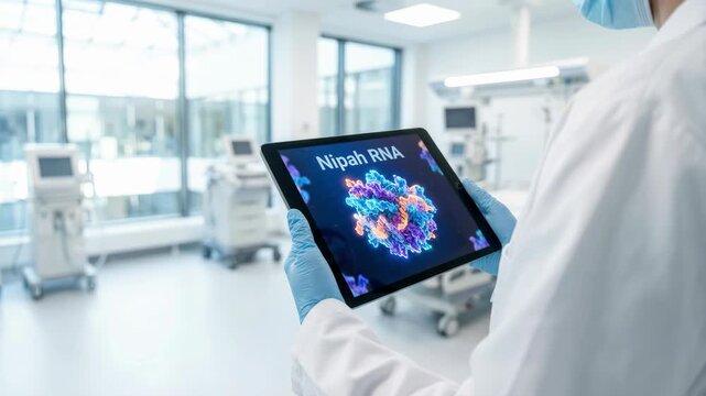 Professional scientist holding a digital tablet displaying a 3D model of Nipah virus RNA in a modern high-tech laboratory. Biotechnology and medical research concept