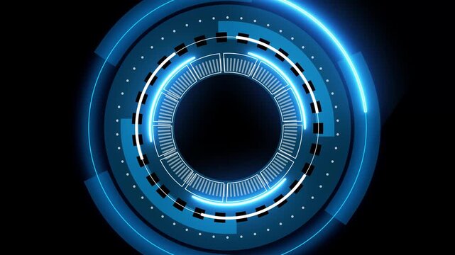 Futuristic HUD frame with glowing circular interface and copy space. Abstract HUD frame for technology dashboard and digital presentation. Neon HUD frame design for corporate and innovation