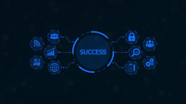 Futuristic digital network diagram with the word SUCES at its center, surrounded by hexagonal for teamwork, Wi- Fi, growth, globe, ideas, security