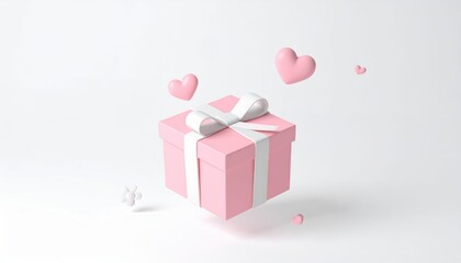 Pink gift box with white ribbon and floating hearts