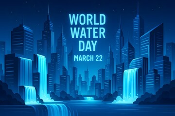 Fototapeta premium World Water Day cityscape with cascading waterfalls and skyscrapers in cool blue tones, environmental awareness illustration for sustainability campaigns.
