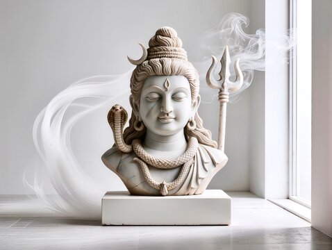 Shiva statue meditating in a bright room, yoga and spiritual atmosphere.