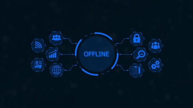 Digital network disconnection concept with central word OFLINE surrounded by hexagonal representing data transfer security and teamwork on a dark blue