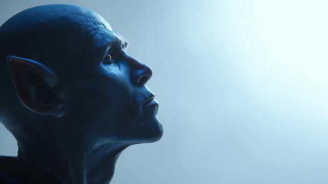 Mysterious extraterrestrial figure with sharp features, smooth blue skin is illuminated by soft, radiant light. Scene evokes sense wonder, curiosity, otherworldly intelligence in science fiction