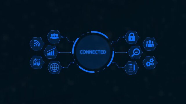 Digital network diagram with central word CONECTED surrounded by hexagonal representing communication security data analysis and teamwork on a dark