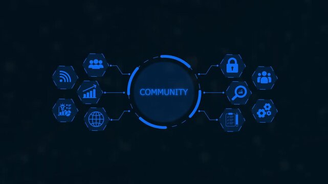 COMUNITY word displayed in a blue digital network with interconnected for communication and business on a dark background