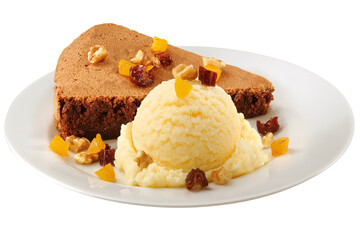 Slice of chocolate brownie with a scoop of vanilla ice cream, nuts, and dried fruit on a white plate isolated against a transparent background