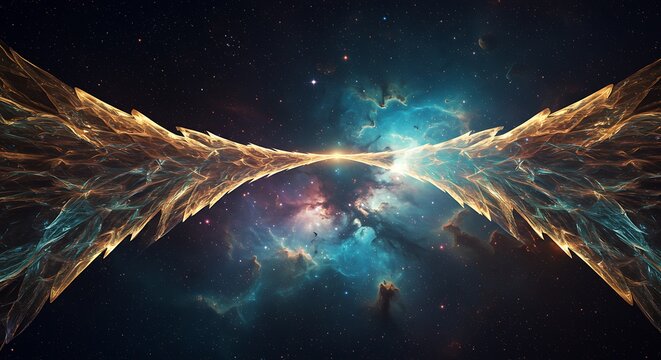 Abstract cosmic landscape with glowing energy bridge and celestial elements